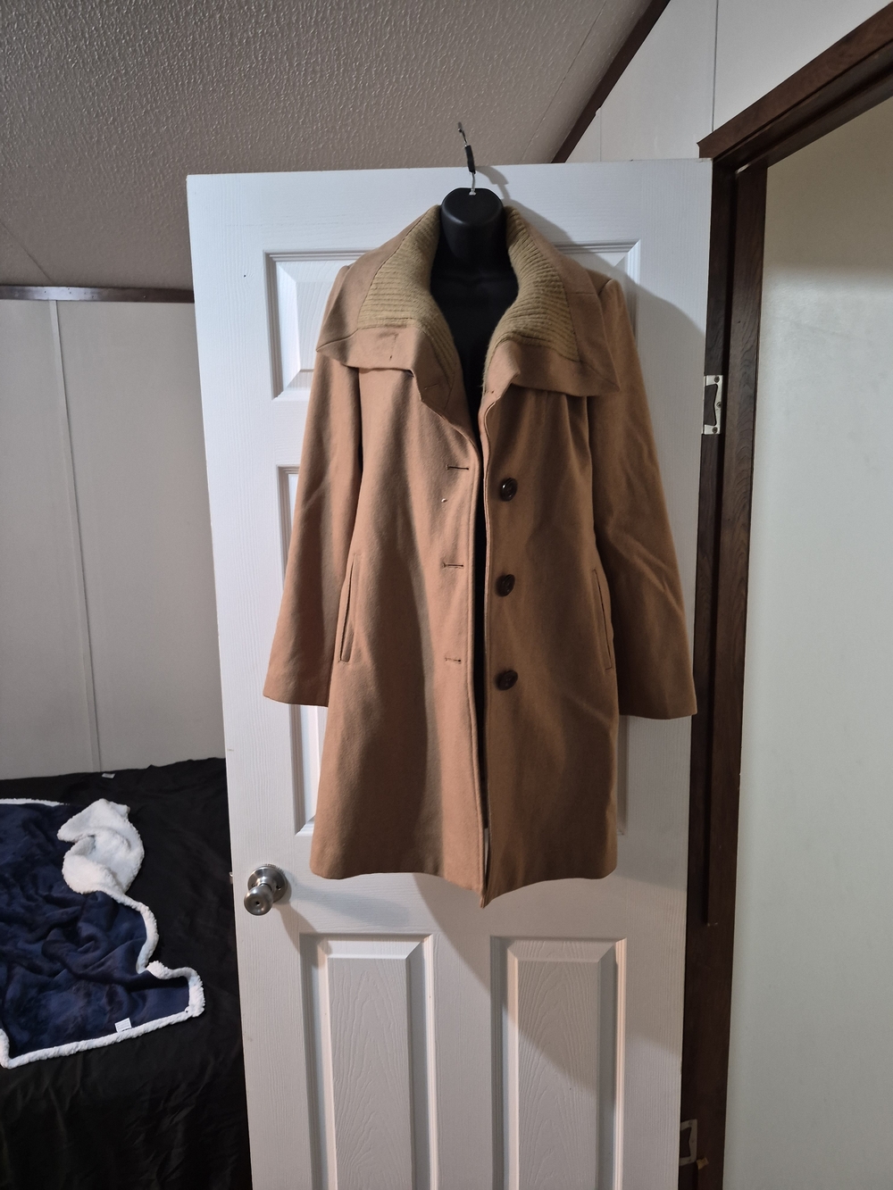 Moda International Camel Pea Coat with Ribbed Shawl Collar